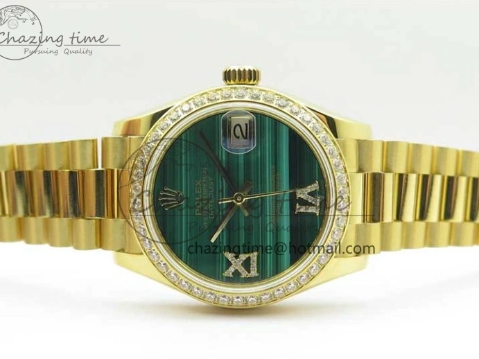 MiroTime 0408 Versatile Daydate 278288 31mm YG EWF Best Edition Green Malachite Dial Crystal Markers on YG President Bracelet ETA 2606